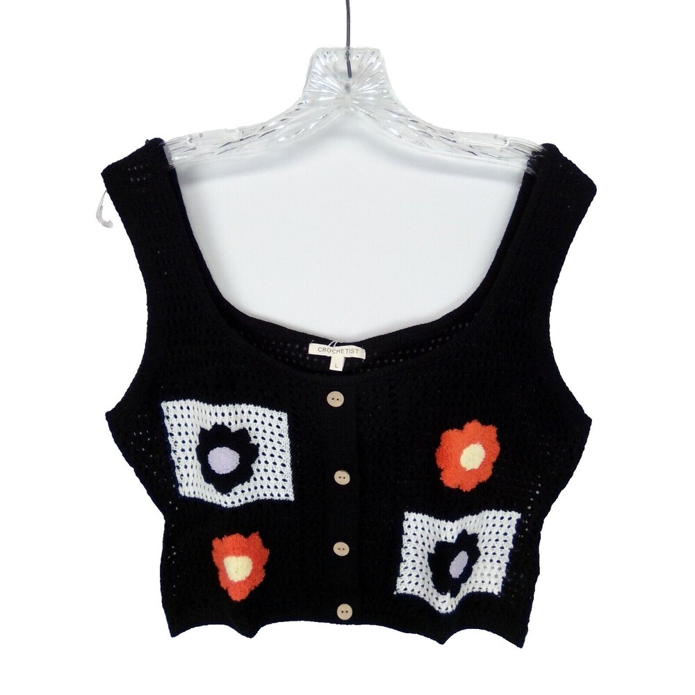 Crochetist Button Down Colorful Crop Knit Black Flower Print Tank Top Size Large
